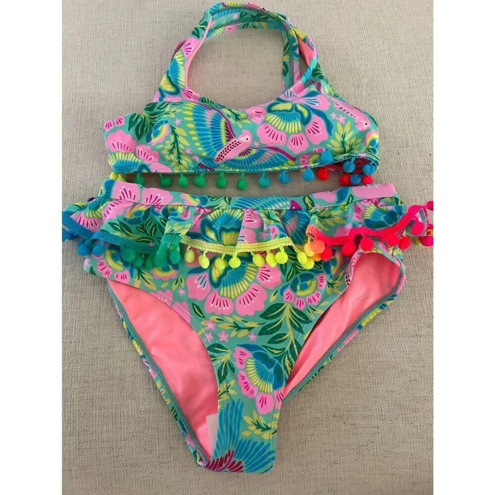 Beach Lingo 2 Piece Swimsuit Floral Pink Tropical Bikini,  Size 12 Girls NWOT